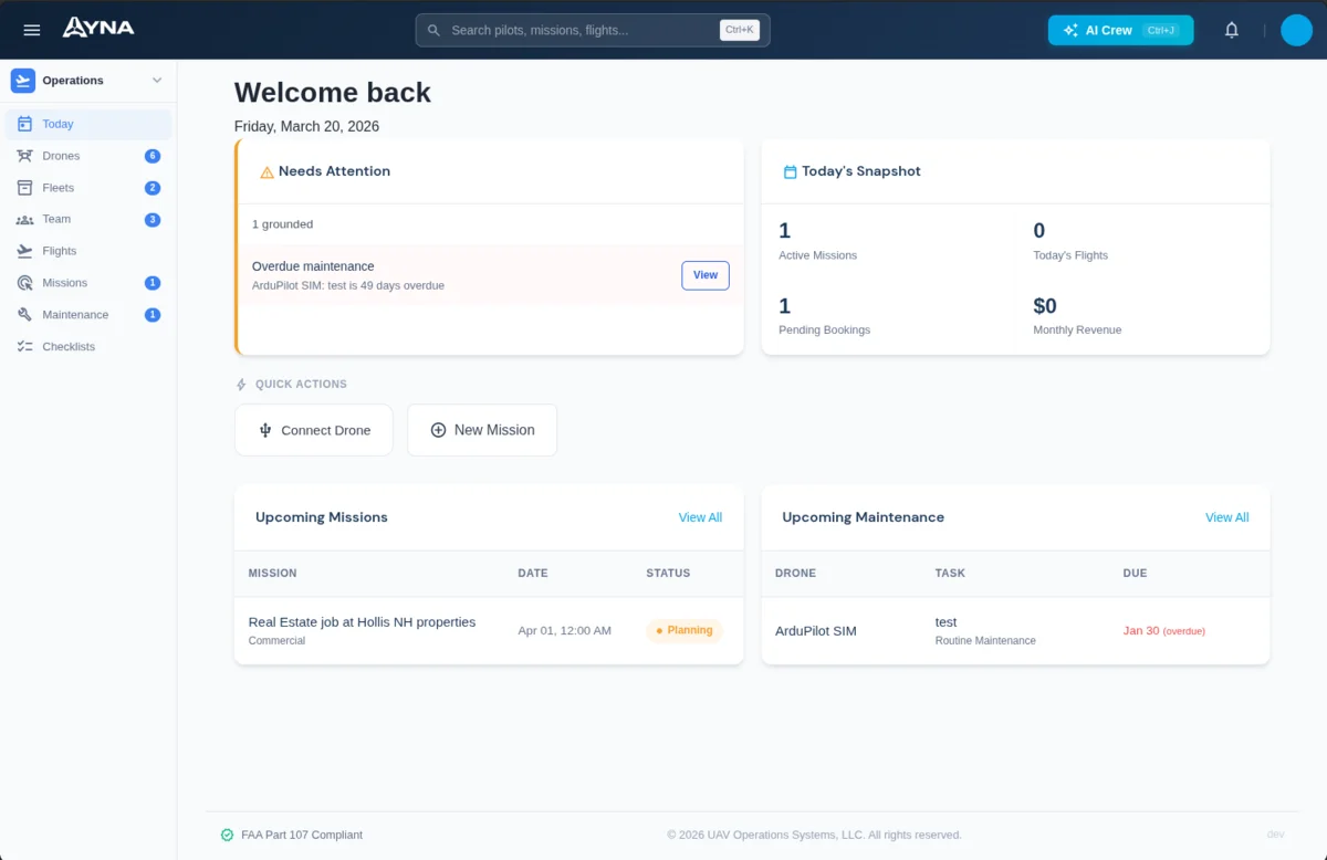 Operations dashboard with attention items and mission overview